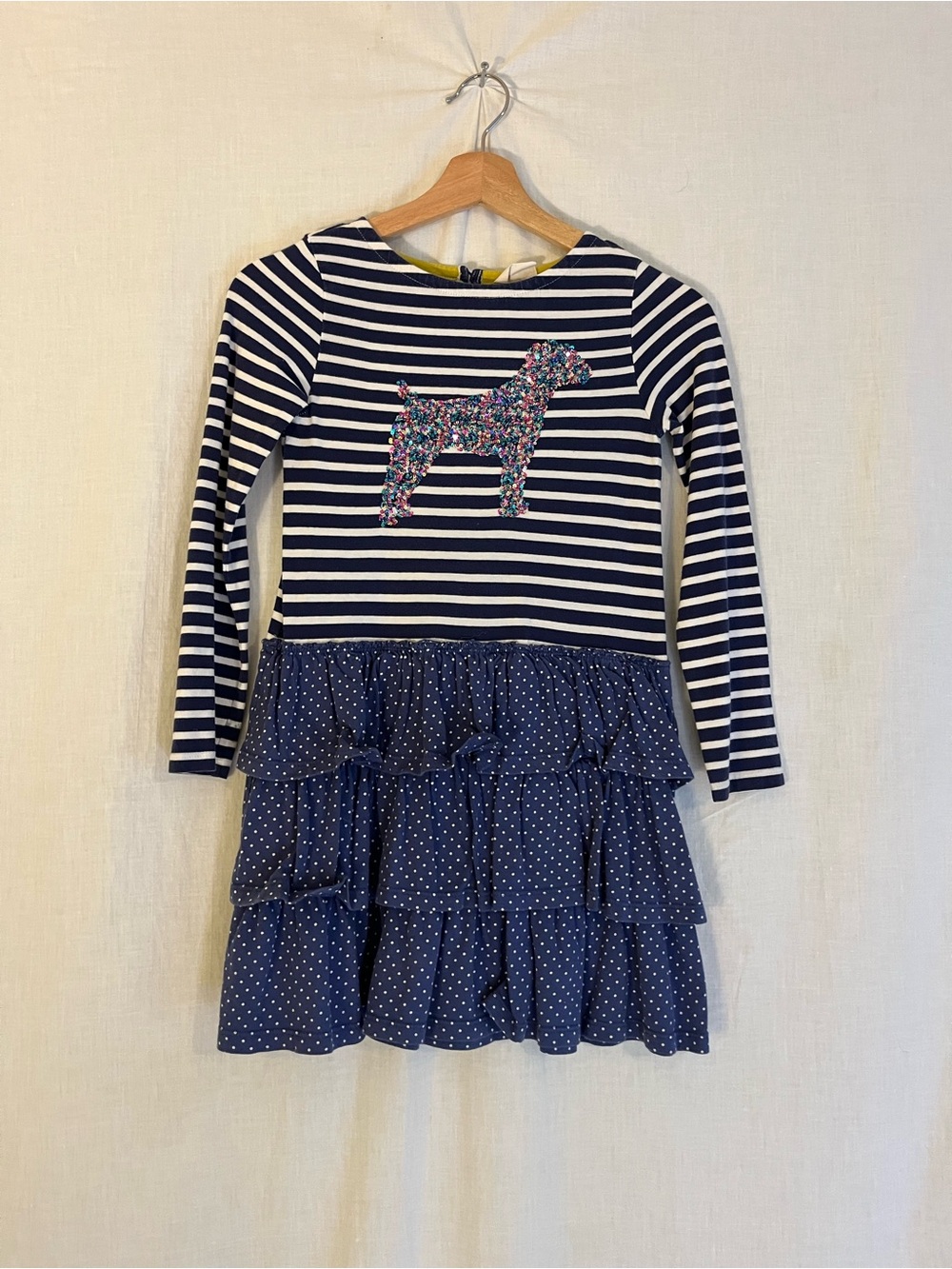 Mini Boden Navy & White Striped Girls Dress with Sequin Dog Applique